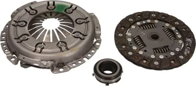 A clutch kit consisting of a pressure plate, a clutch disc, and a release bearing, laid out on a white background.