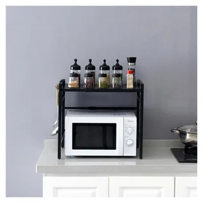 Produktbild von Mikrowellenregal mit 6 Haken, höhen- und längenverstellbar, stabiles Küchenregal, 40-60×35×45.5cm, Schwarz