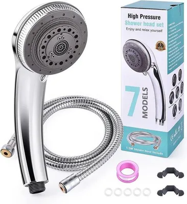 Produktbild von Unyqoos® Handbrause-Set mit 1,5 m Edelstahl-Brauseschlauch, chrom – Duschkopf mit 7 Strahlarten, wassersparende Hochdruckbrause, 3,8 Zoll verchromt