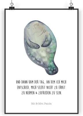 Produktbild von Mr. & Mrs. Panda Bild Seekuh Happy DIN A3 - Weiß - Geschenk, Kunstdruck, drucke, Plakat, Meer, Liebeskummer, Freundin, Achtsamkeit, Wandbild, Neuanfang, wanddeko