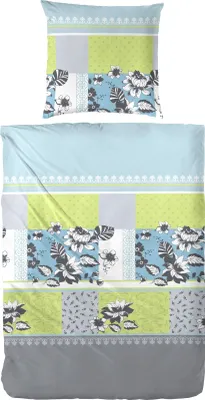 Produktbild von Primera Mako-Satin Bettwäsche 155x220 Karo grün-blau Blumen 2-tlg. 243139-53