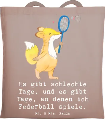 Produktbild von Mr. & Mrs. Panda Shopping Tasche Fuchs Federball spielen - Braun Pastell - Geschenk, Tote Bag, Badminton, Schultasche, Laptoptasche, Einkaufstasche