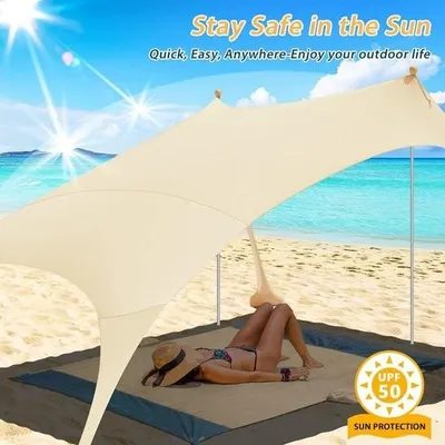 Obrázok produktu pre 2,4 x 2,4 m, plážový stan, plážový mušľový stan, ochrana pred slnkom, plážový stan s UV ochranou UPF 50+ Slnečný prístrešok, markíza, kempingová plachta, s piknikovou dekou a vreckom na piesok, kotva (béžová)