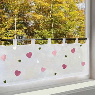 Image de Lifestyle vitragegordijn : Cœurs colorés - Rideau avec motif brodé pour filles - Rideau transparent moderne de style bistrot pour chambre d'enfant