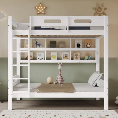 Produktbild von Hochbett mit Sicherheitsgitter, Regal & Stauraum – Platzwunder für kleine Zimmer 90x200,weiß