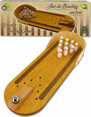 A wooden bowling game set with pins and a ball, displayed on a white background, with its packaging shown above.
