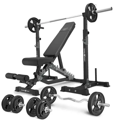 Produktbild von Marbo Sport - Set MS34_2.0_83KG_G | Doppelseitige Bank + Hantelablage (2 Stück) mit Sicherung + Stangen- und Hantelscheiben gummiert Set 83 kg