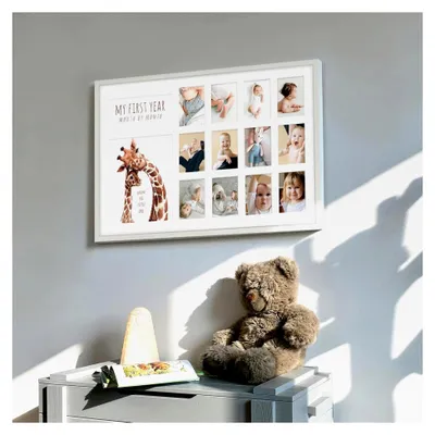 Produktbild von Bilderrahmen für das erste Jahr, Fotocollage Monat für Monat, 40x60 cm, Rechteckig, Rustikaler Stil, Giraffen-Motiv, Deko für das Kinderzimmer mit Passepartout in Weiß