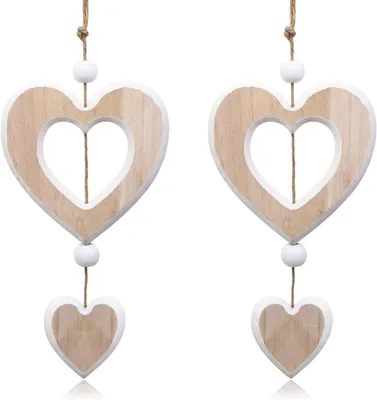 Productafbeelding van Hart raamdecoratie hangend deco houten - Set van 2 - Hanger hangende houten harten decoratie raam