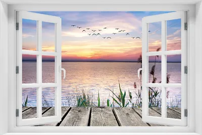 Produktbild von Wallario selbstklebendes Poster mit Fenster-Illusion - Seepanorama mit Schilf und fliegenden Vögeln, Größe: 100 x 150 cm