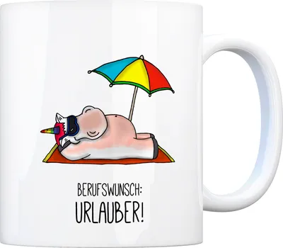 Produktbild von Honeycorns Kaffeebecher mit Einhorn Motiv und Spruch: Berufswunsch: Urlauber!