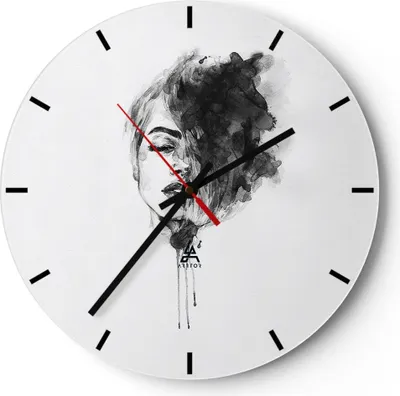 Produktbild von Wanduhr - Rund - Glasuhr - Frau Gesicht Abstraktion - 30x30cm - Schleichendes Uhrwerk - Lautlos - zum Aufhängen bereit - Dekoration Modern - Wanddekoration aus Glas - C3AR30x30-4934