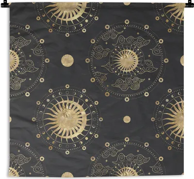 Produktbild von MuchoWow® Wandteppich Wandbehang Muster - Mond - Sonne - Gold 150x150 cm Tapisserie Dekoration Wandtuch - Wohnaccessoires - Modernes