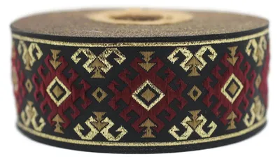 Produktbild von Omgoods – Jacquard-Bande, Bordeaux, Braun, Gold, Wüstenstern-Muster, Zopf-Ornament, geometrische Muster, 3,5 cm x 10 m