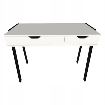 A white desk with two drawers and black legs, presented against a white background.
