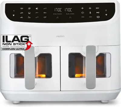 Produktbild von MEDION P20 XXL Heißluftfritteuse mit 2 Kammern (8,7 Liter, Airfryer, 2.600 Watt, Doppelkammer, 9 Automatikprogramme, 2 Schubladen, Sichtfenster, Dualer Airfryer, Dual Cook & Sync-Finish Funktion) weiß