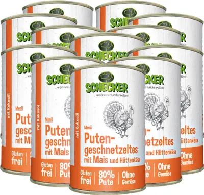 Produktbild von 12 x 410 g - Schecker Hundemenü Nassfutter - Putengeschnetzeltes mit Mais, Hüttenkäse und Kokosöl