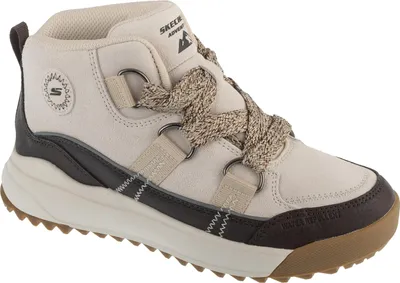 A single beige and brown Skechers women's sneaker is shown from the side against a white background.
