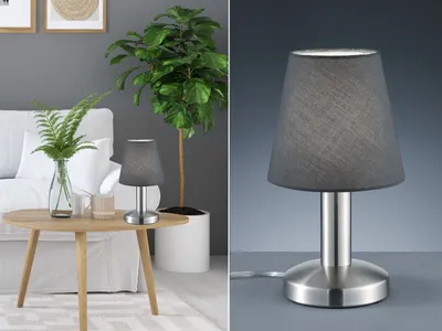 Produktbild von LED Tischlampe Silber mit Stoffschirm Grau für Fensterbank - mit Touch dimmbar