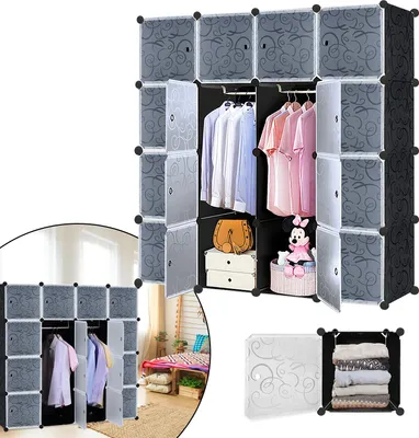 Image de XINZI Armoire combinée 16 cases noire - armoire de rangement avec portes, DIY étagère enfichable, pour chambre/entrée