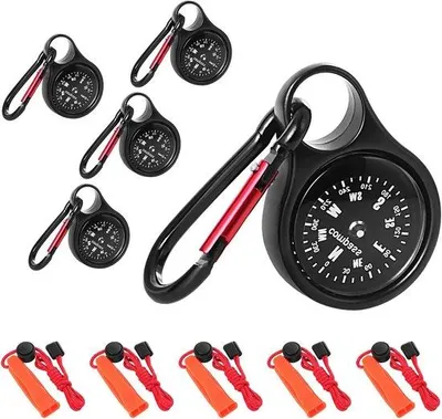 Produktbild von Famanu Kompass-Schlüsselanhänger mit Karabiner und Überlebensflöte - 5 Stück