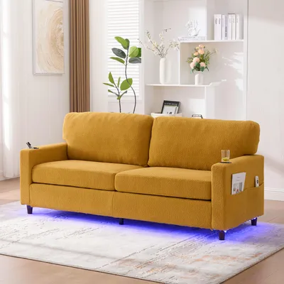 Zdjęcie produktu dla Sweiko Nowoczesna 2-osobowa sofa szenilowa z USB-C, oświetleniem LED, uchwytami na kubki i kieszeniami bocznymi. Drewniano-metalowa rama z wygodną pianką. Idealna do salonu, sypialni lub biura. Musztardowy żółty