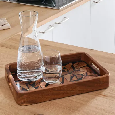 Produktbild von Tablett "Akazie" aus Holz mit Rand & Griffen, 35x25 cm, Serviertablett, Holztablett rechteckig, Kaffeetablett