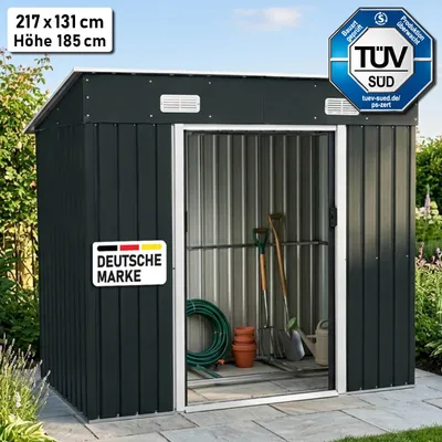 Produktbild von BRAST Gerätehaus Geräteschuppen Metall | 217x131x185cm | Pultdach | Gartenhaus mit Schiebetür | Anthrazit | wetterfest wasserdicht