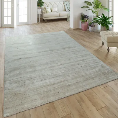 Image de Tapis fait main, haute qualité, coton viscose, élégant, chiné, couleur beige uni, dimensions 120 x 170 cm