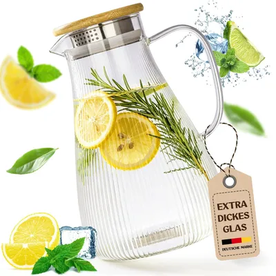 Immagine prodotto di Caraffa in vetro con coperchio, brocca per acqua da 1,9 litri, realizzata in vetro resistente
