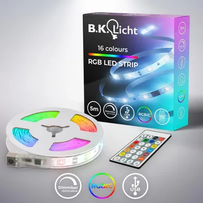 Immagine prodotto di B.K.Licht I Striscia LED RGBIC USB 5 m I Sensore musicale I Sincronizzazione musicale I Striscia luminosa I LED Chaser I Striscia con telecomando cambia colore I Striscia luminosa autoadesiva