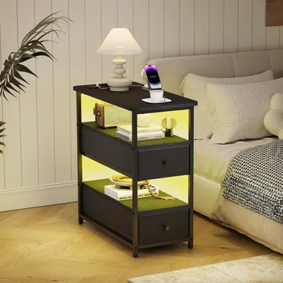 Immagine prodotto di Comodino UnboxG 58x28x60,5 cm, nero, 4 ripiani, 2 cassetti, illuminazione a LED, USB e prese di corrente, app e telecomando, spazio contenitivo
