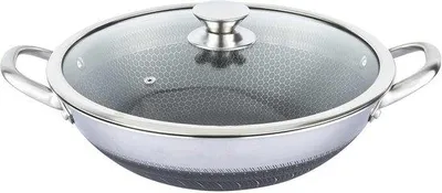 Produktbild von Translucide 32 cm Wok-Bratpfanne mit Glasdeckel - Anti-Fuss-Reibung und Honig-Kern-Struktur - Für Induktions- und Backofen-Nutzung