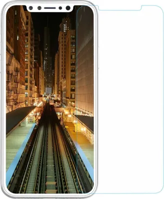 A screen protector for an Apple iPhone X is shown, displaying a city skyline at night through the screen.