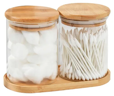 Image de Lot de 2 boîtes pour cotons-tiges avec support en bambou, idéal pour la salle de bain et la trousse de maquillage