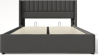 Produktbild von Flieks Polsterbett 140x200cm, Hydraulisches Boxspringbett mit Lattenrost, Stauraumbett Doppelbett Massivholzbett, Leinenstoff, Grau