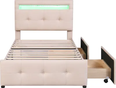 Produktbild von Merax Polsterbett 90x200cm mit LED,Schubladen und höhenverstellbarem Kopfteil,Jugendbett Funktionsbett Einzelbett mit Lattenrost und Leinenbezug,Beige