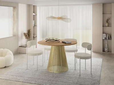 Produktbild von Esstisch Rund Ausziehbar mit Lamellen im Loft-Stil – 120 bis 200 cm – Industrieller Tisch mit Goldenen Metallbeinen, Platzsparend für Wohnzimmer oder Esszimmer – Braun