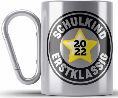 Produktbild von Trendation - Schulkind Erstklassig Einschulung Junge Mädchen Geschenk Schultüte Füllung Edelstahl Tasse Karabiner Schulstart 1. Schultag Schuleinführung Schulanfang Geschenkidee Schulkind 2022 (Silber)