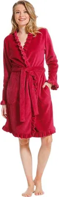 Productafbeelding van Unyqoos® Pastunette dames fleece badjas, kort model – donkerroze, maat S (36/38), 100% polyester , 100 cm lang, lange mouwen, strikceintuur en zakken, met plooideetails