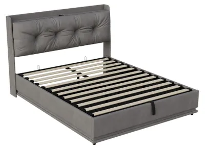 Image de Lit avec coffre de rangement - Lit double - Dimensions : 140 x 190 cm - Revêtement en velours - Tête de lit - Sommier à lattes - Couleur : gris