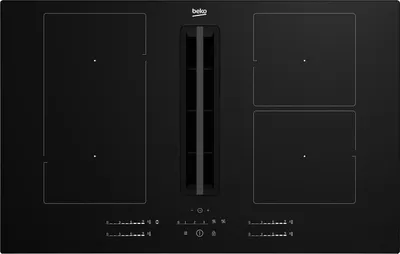 A top-down view of a black induction cooktop with four cooking zones and an integrated ventilation system.