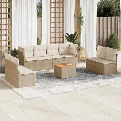 Produktbild von Design 9-tlg. Garten-Sofagarnitur mit Kissen Beige Poly Rattan, Gartenmöbel-Sets 2024 Neu