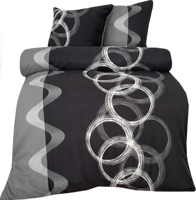 Produktbild von Thermofleece Mikrofaser Bettwäsche Set 135x200 cm Winter Grau Schwarz Kreise und Streifen Design mit Reißverschluss