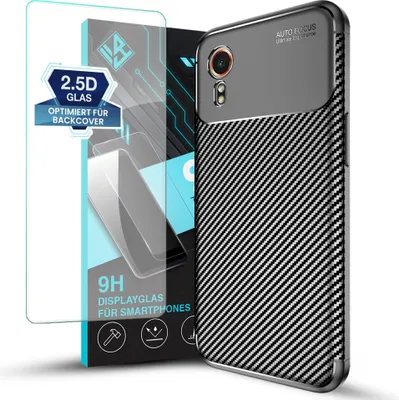 Produktbild von Handy Hülle für Samsung Galaxy Xcover7 mit 9H Displayglas Displayschutz Plus Carbon Look Cover Case Schutzhülle Farbe: Schwarz