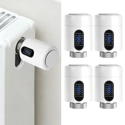 Obrázek produktu pro Inteligentní termostat pro radiátory ISOISL, WiFi, ovládání přes aplikaci, kompatibilní s platformami Smart Life/Tuya, bílý, sada 4 kusů, s 7 adaptéry pro ventily