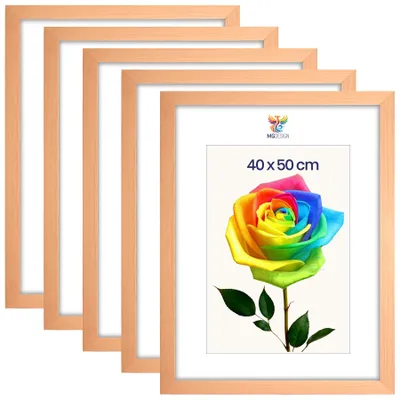 Obrázek produktu pro MG Design, sada 5 kusů rámečků na obrázky, rozměr 40 x 50 cm – rámy na plakáty s přírodními dřevěnými rámy a odolným akrylovým sklem, vhodné pro vertikální i horizontální formáty, s robustním systémem pro zavěšení na zeď