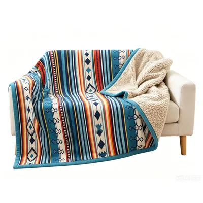 Produktbild von Boho Sherpa Kuscheldecke 150×200 cm mit Aztekenmuster, warme Flanell-Wendedecke für Sofa, Bett, Reise & Camping