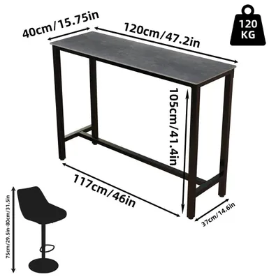 Zdjęcie produktu dla Prostokątny stolik barowy - Wysoki stół kuchenny - 120x40x105 cm - Metalowa konstrukcja z blatem z materiału syntetycznego - Stolik konsolowy do kuchni i biura - Nowoczesny styl - Czarny