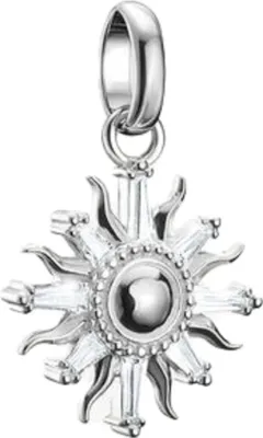 A silver sun-shaped charm with clear stones.